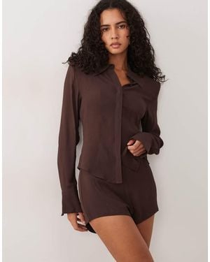 AFRM Caroline Long Sleeve Button Down Shirt With Shoulder Pads Co-Ord - Brown