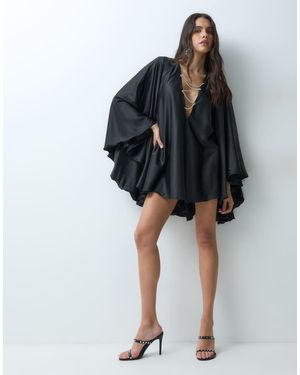 The Dolls House Lorena Satin Volume Sleeve Diamante Detail Mini Dress - Black
