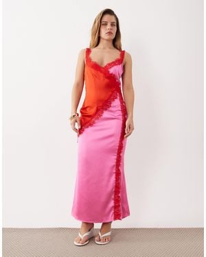 Never Fully Dressed Petite Elowen Satin And Lace Trim Cami Midaxi Dress - Red