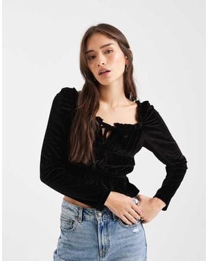 Miss Selfridge Velvet Shirred Tie Front Long Sleeve Top - Black