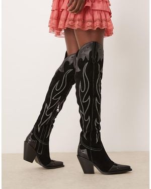 Free People Wild West Thigh High Suede Western Boots - Black