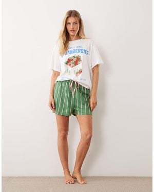 ASOS Strawberry Oversized Tee And Stripe Short Pyjama Set - Green