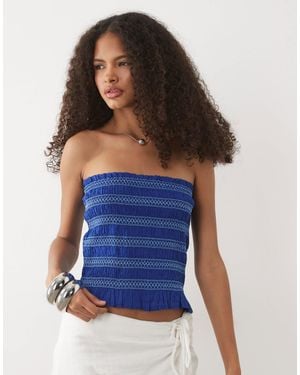 Mango Teen 100% Cotton Ruched Strapless Top - Blue