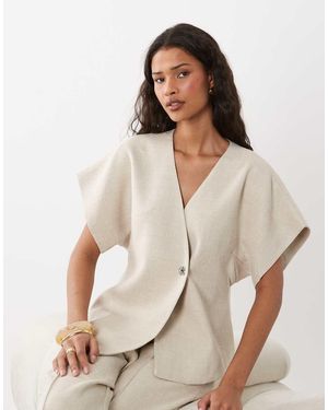 Y.A.S Asymetric Tailored Top With Hammered Button Co-Ord - Natural