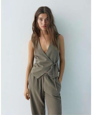 Pull&Bear Linen Blend Vest With Side Tie Fastening - Green