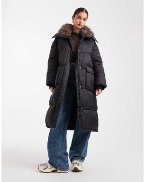 South Beach Padded Long Coat With Faux Fur Lined Hood - Blue