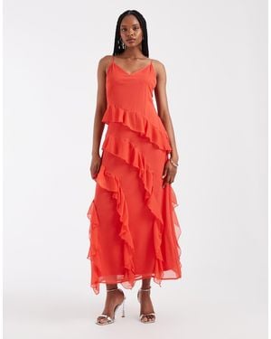 Vero Moda Smilla Chiffon Cami Ruffle Detail Midi Dress - Red