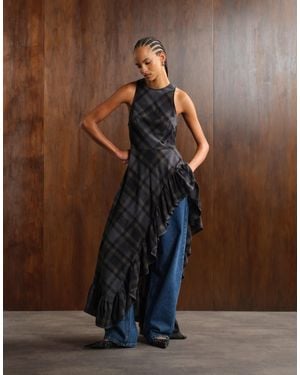 Monki Sleeveless Maxi Dress With Asymmetric Ruffle Hem - Brown