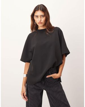 ARRANGE Heavy Crepe T-Shirt With Rib Neck Trim - Black