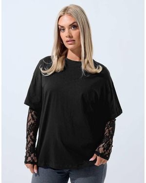 Yours Clothing Lace Long Sleeve T-Shirt - Black