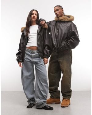 Collusion Unisex Faux Leather Raglan Bomber With Hood - Black