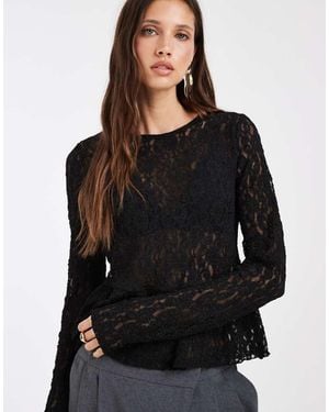 Vero Moda Long Sleeve Textured Peplum Top - Black