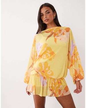 ASOS Mesh Jurk Met Bloemenprint, Blouson En Gedrapeerde Mini - Geel
