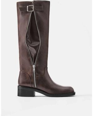 Pull&Bear High-Leg Boots With Decorative Zip - Black