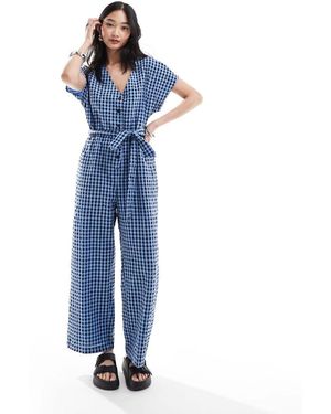 Monki Seersucker Tie Waist Jumpsuit - Blue