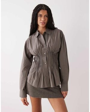 Weekday Cinched Shirt With Ruching And Peplum Hem - Brown