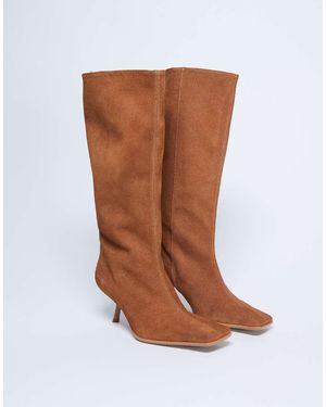 TOPSHOP Scarlett Premium Suede Leather Square Toe Knee High Boot - Brown