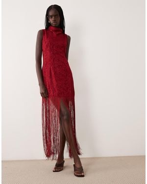 Ghospell Sleeveless Fringe Mini Dress With Tie Back Detail - Red