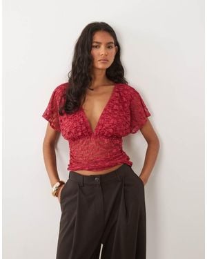 Miss Selfridge Lace V-Neck Top With Gathered Waist
