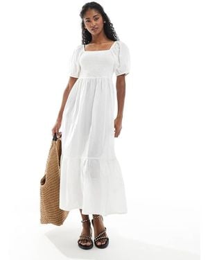Accessorize Vestito Con Maniche A Sbuffo, Arricciature E Dettaglio Ricamato - Bianco