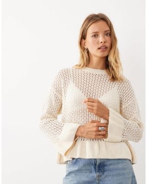 Miss Selfridge Crochet Sweater With Peplum Hem And Sleeve - Natural