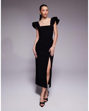 Vesper Petite Bengaline Square Neck Ruffle Sleeve Side Split Midaxi Dress - Black
