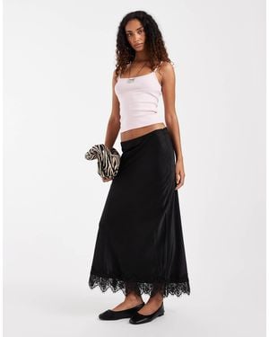 Vero Moda Satin Midi Skirt With Lace Detail Hem - Black