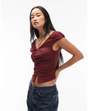 ASOS V-neck Ruched Top With Tie Back - Red