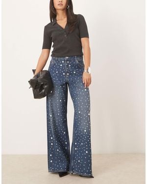 Mango Elina 100% Cotton Straight Leg Jean With Embellishment - Blue