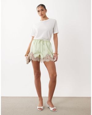 ASOS Satin Lace Trim Drawstring Waist Short - White