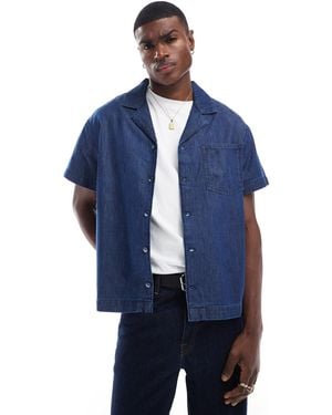 Another Influence Revere Collar Boxy Denim Shirt - Blue