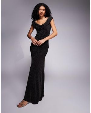 Goddiva Sparkle Cowl Neck Off The Shoulder Maxi Dress - Black