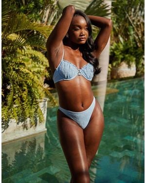 South Beach Underwire Bikini Top With Frill Hem And Flower Detail - Green