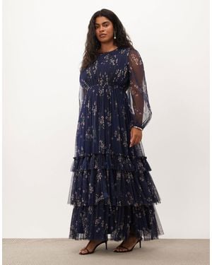 Lace & Beads Plus Tulle Sheer Balloon Sleeve Tie Waist Tiered Maxi Dress - Blue