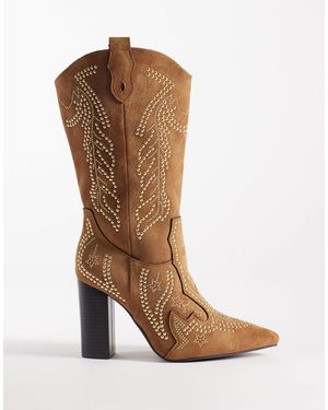 SEQWL Bottes montantes ornementées style western - fauve - Marron
