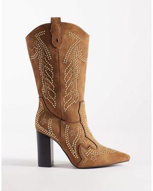 SEQWL Embelished Western Knee Boots - Brown