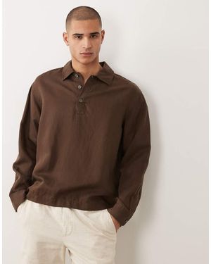 SELECTED Linen Blend Long Sleeve Polo Shirt - Brown