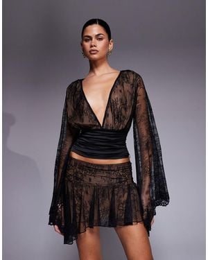 I.AM.GIA Stevie Lace Deep Plunge Flute Sleeve Top Co-Ord - Grey