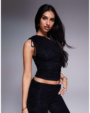 Kaiia Exclusive Double-layered Slinky Gathered One-shoulder Lace Top - Black