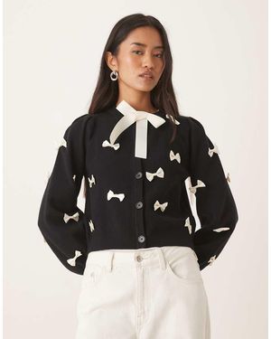 Never Fully Dressed Contrast Bow Knitted Cardigan - Black