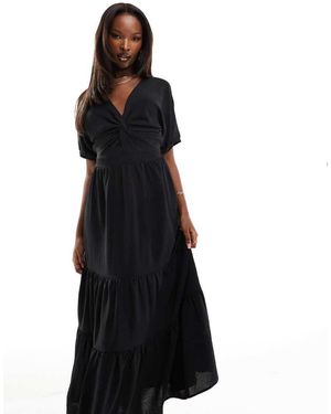 AX Paris Vestido Semilargo Con Mangas Abullonadas, Bajo Escalonado Y Lazada En La Parte Trasera De Popelina De - Negro