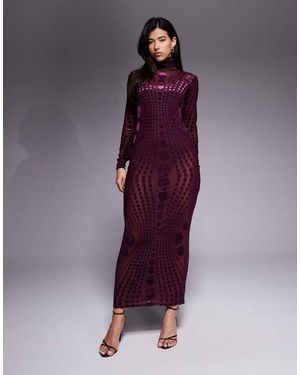 AFRM Stretch Mesh Burnout High Neck Long Sleeve Maxi Dress - Purple