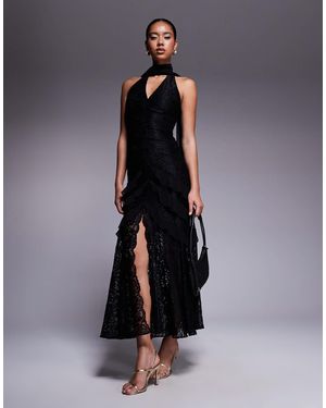 Forever New – maxikleid mit schalkragen, rüschen und spitze - Blau