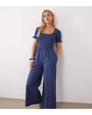 Nobody's Child Petite Zita Cotton Short Sleeve Shirred Bodice Wide Leg Jumpsuit - Blue