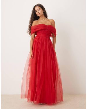 LACE & BEADS Off Shoulder Maxi Tulle Dress - Red