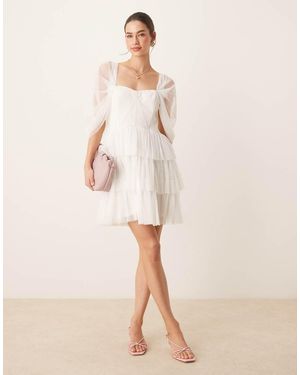 LACE & BEADS Off Shoulder Corset Tulle Mini Dress - Natural