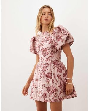 Sister Jane Quartz Jacquard Boat Neck Puff Sleeve Mini Dress - Red