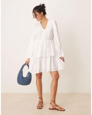 Y.A.S Puff Sleeve Button Front Boho Mini Dress - Natural