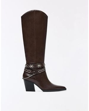 Bershka Cowboy Heel Boots - Brown