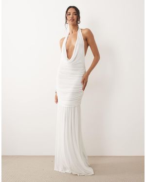 ASOS Plunge Cowl Mesh Maxi Dress With Ruched Drop Waist Detail - Natural